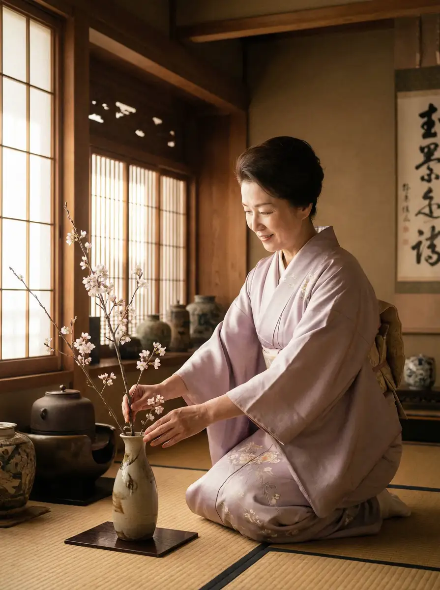 一位优雅的 免费高清视频 在和室中插花